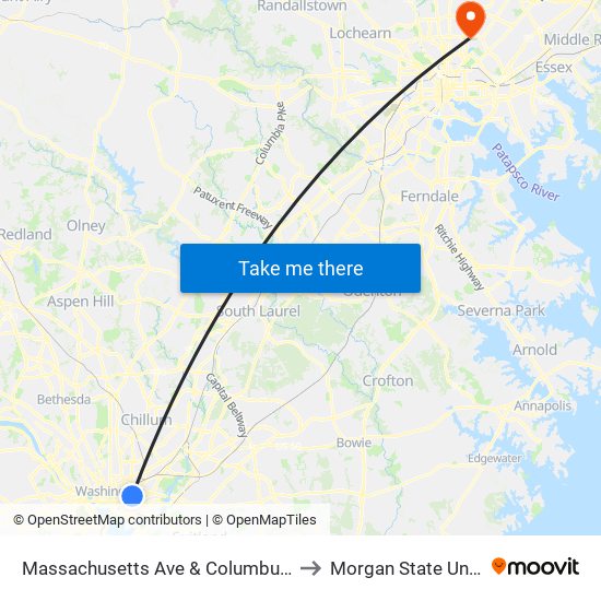 Massachusetts Ave & Columbus Cir NE Eb to Morgan State University map