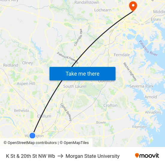 K St & 20th St NW Wb to Morgan State University map