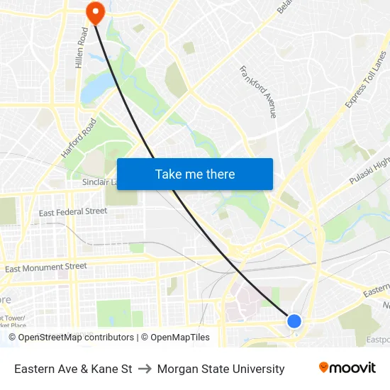 Eastern Ave & Kane St to Morgan State University map