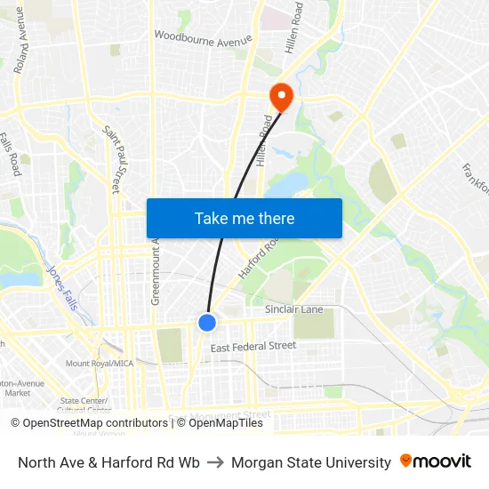 North Ave & Harford Rd Wb to Morgan State University map