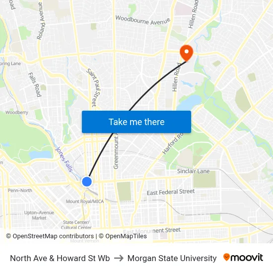 North Ave & Howard St Wb to Morgan State University map