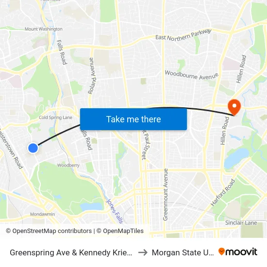 Greenspring Ave & Kennedy Krieger Institute Nb to Morgan State University map