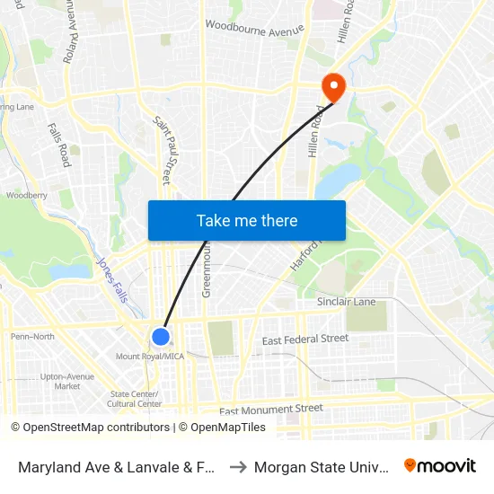 Maryland Ave & Lanvale & Falls FS to Morgan State University map