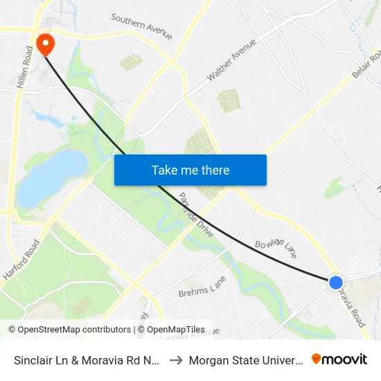 Sinclair Ln & Moravia Rd Ns Eb to Morgan State University map