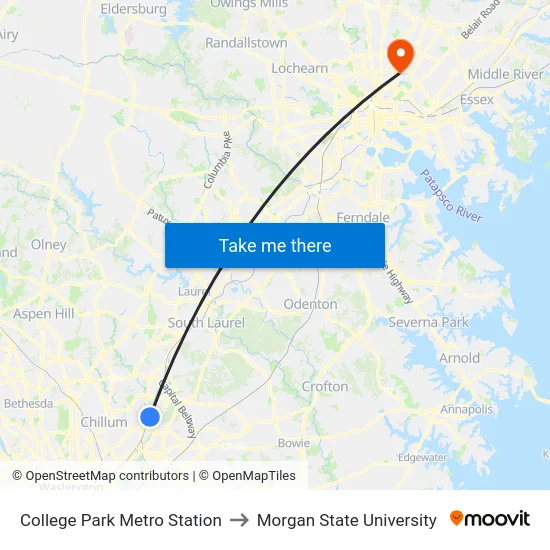 College Park Metro Station to Morgan State University map