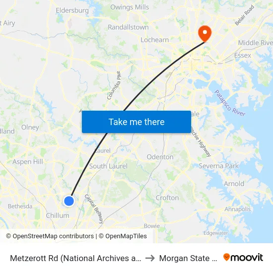 Metzerott Rd (National Archives at College Park) Wb to Morgan State University map