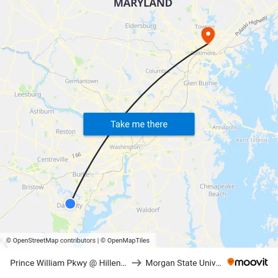 Prince William Pkwy @ Hillendale Dr to Morgan State University map