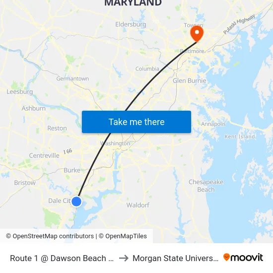 Route 1 @ Dawson Beach Rd to Morgan State University map
