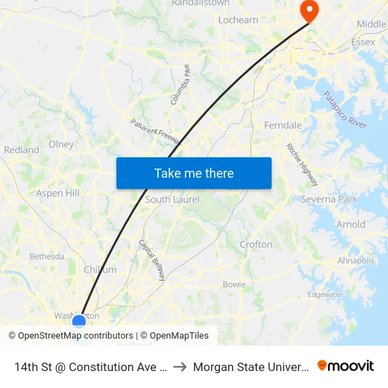 14th St @ Constitution Ave NW to Morgan State University map
