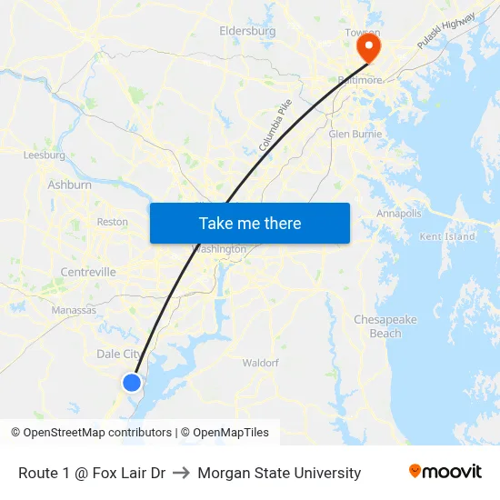 Route 1 @ Fox Lair Dr to Morgan State University map
