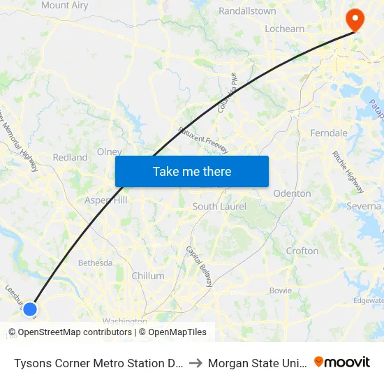 Tysons Corner Metro Station Departures to Morgan State University map