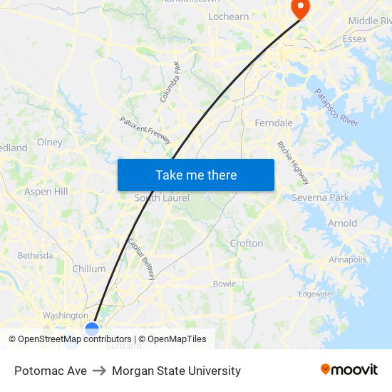 Potomac Ave to Morgan State University map