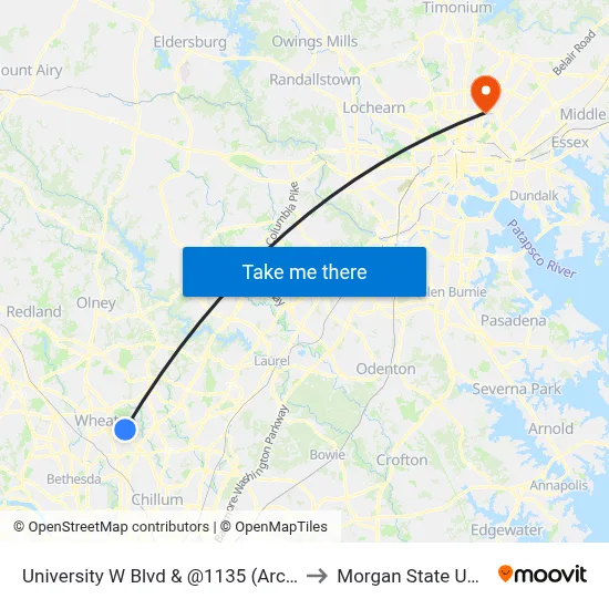 University W Blvd & @1135 (Arcola Towers) to Morgan State University map