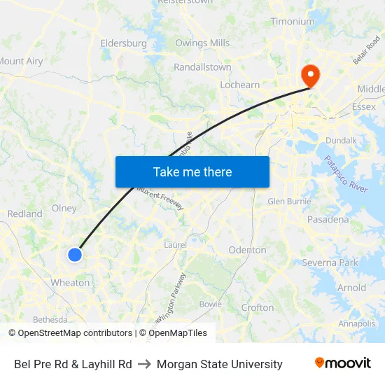 Bel Pre Rd & Layhill Rd to Morgan State University map