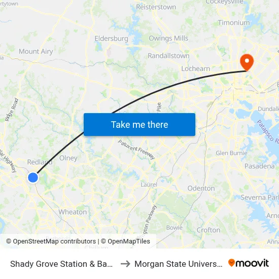Shady Grove Station & Bay B to Morgan State University map
