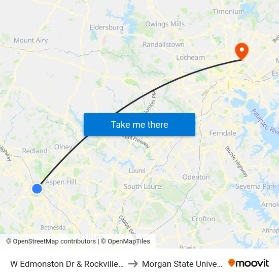 W Edmonston Dr & Rockville Pike to Morgan State University map