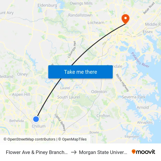 Flower Ave & Piney Branch Rd to Morgan State University map