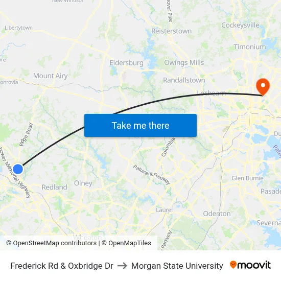 Frederick Rd & Oxbridge Dr to Morgan State University map