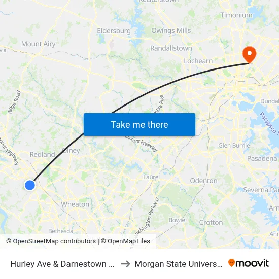 Hurley Ave & Darnestown Rd to Morgan State University map
