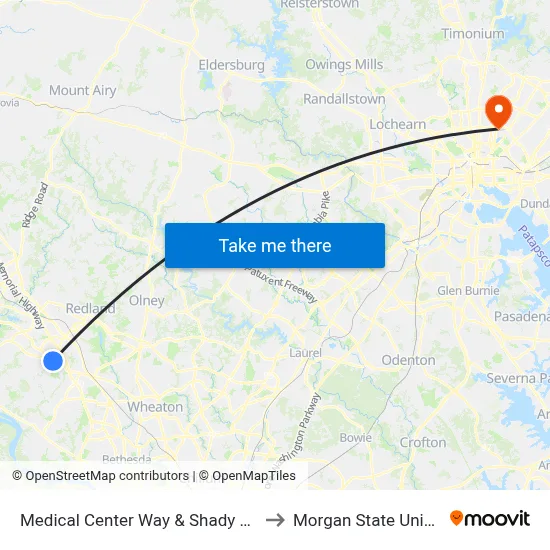 Medical Center Way & Shady Grove Rd to Morgan State University map