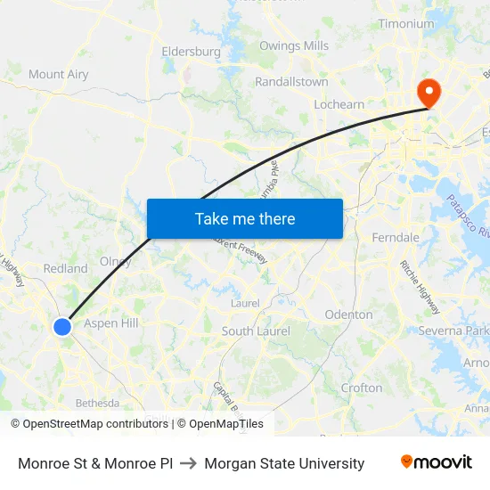 Monroe St & Monroe Pl to Morgan State University map