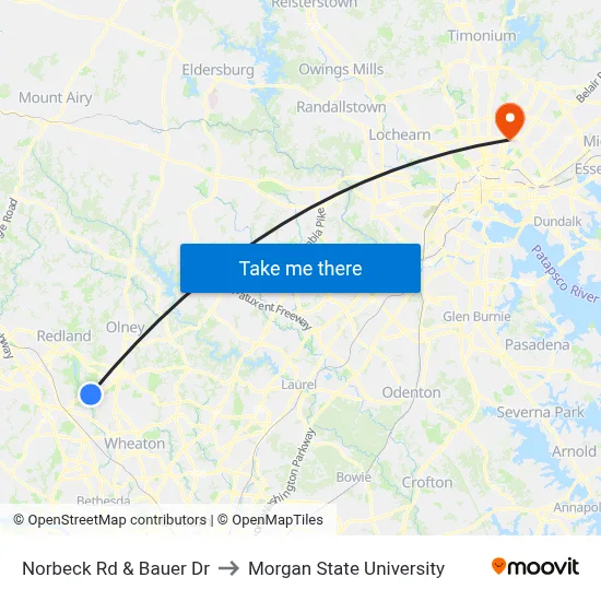 Norbeck Rd & Bauer Dr to Morgan State University map