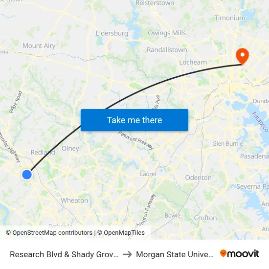 Research Blvd & Shady Grove Rd to Morgan State University map