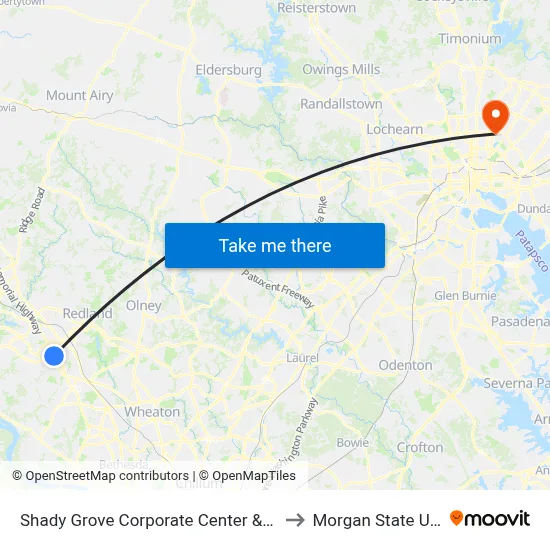 Shady Grove Corporate Center & Corporate Blvd to Morgan State University map
