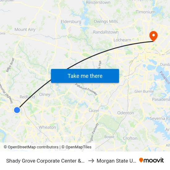 Shady Grove Corporate Center & Corporate Blvd to Morgan State University map