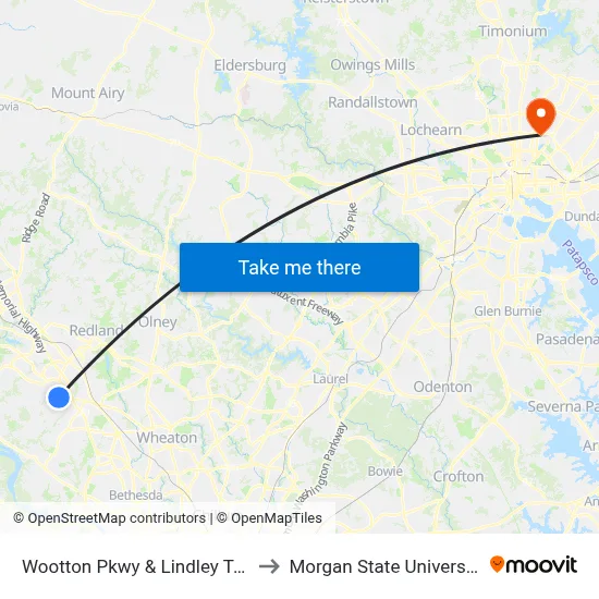 Wootton Pkwy & Lindley Terr to Morgan State University map