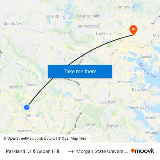 Parkland Dr & Aspen Hill Rd to Morgan State University map