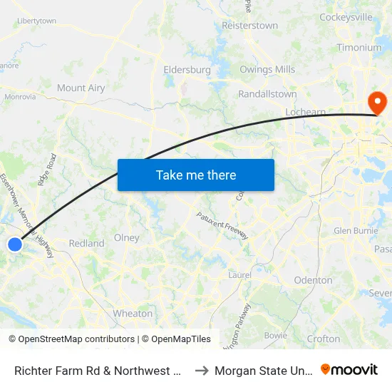 Richter Farm Rd & Northwest High School to Morgan State University map