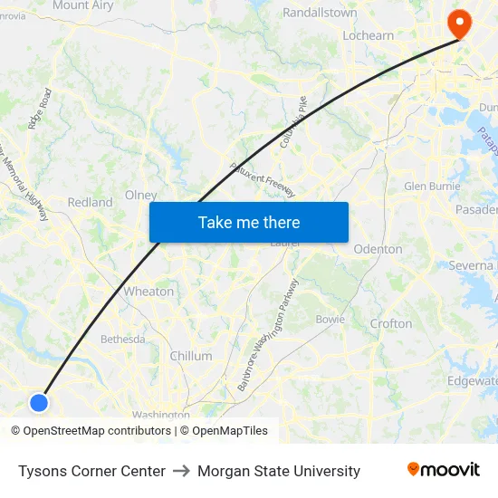 Tysons Corner Center to Morgan State University map