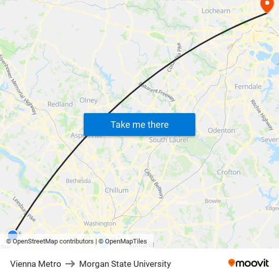 Vienna Metro to Morgan State University map