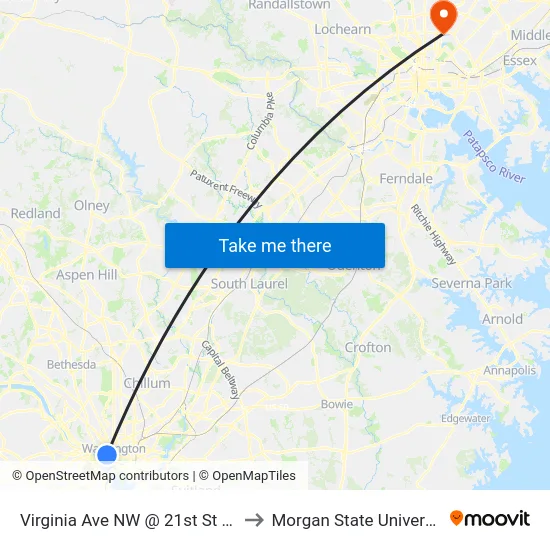 Virginia Ave NW @ 21st St NW to Morgan State University map
