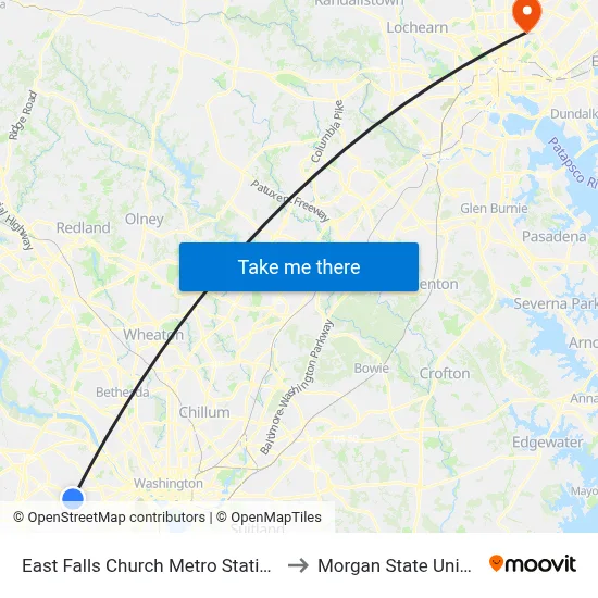 East Falls Church Metro Station Bay B to Morgan State University map