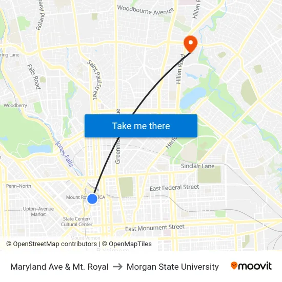 Maryland Ave & Mt. Royal to Morgan State University map