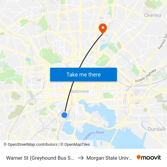 Warner St (Greyhound Bus Station) to Morgan State University map