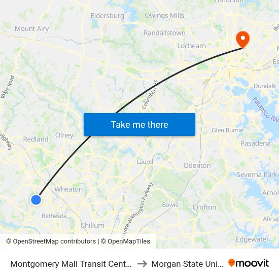 Montgomery Mall Transit Center & Bay A to Morgan State University map