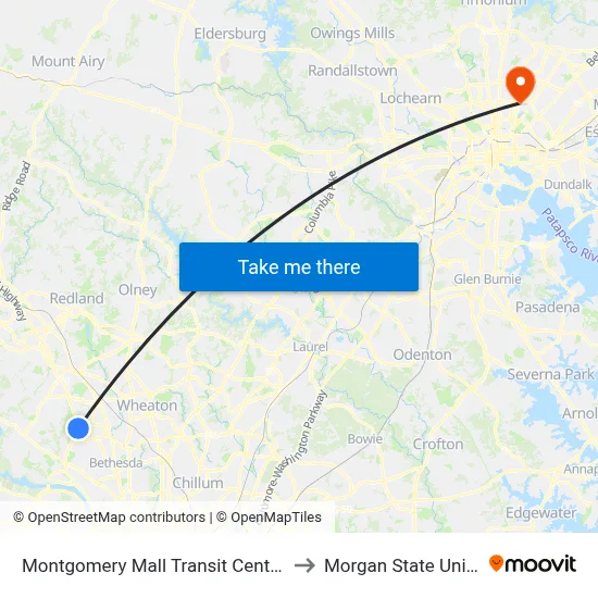 Montgomery Mall Transit Center & Bay E to Morgan State University map