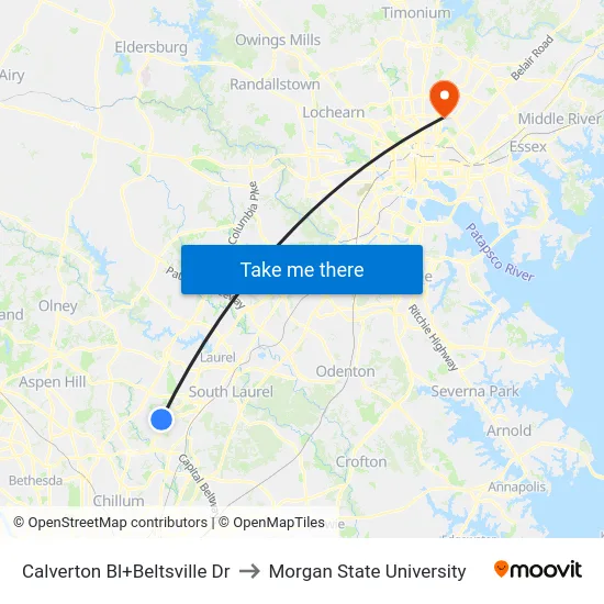 Calverton Bl+Beltsville Dr to Morgan State University map