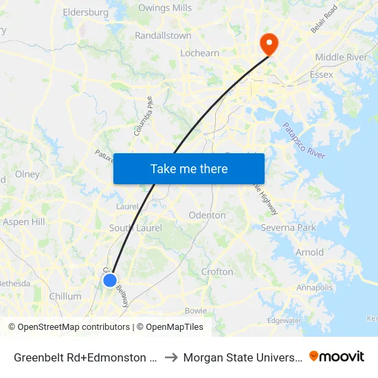 Greenbelt Rd+Edmonston Rd to Morgan State University map