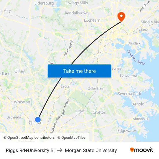 Riggs Rd+University Bl to Morgan State University map