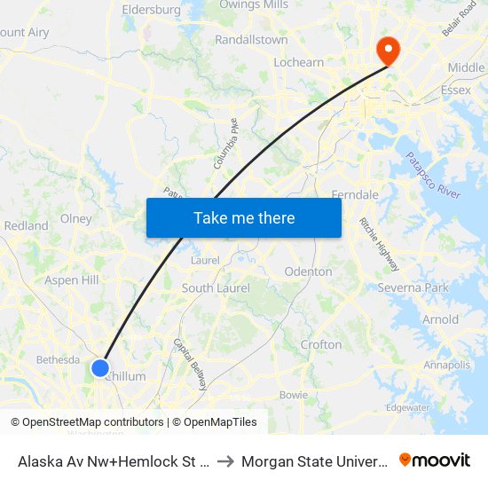 Alaska Av Nw+Hemlock St NW to Morgan State University map