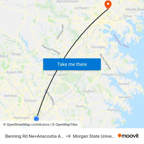 Benning Rd Ne+Anacostia Av NE to Morgan State University map