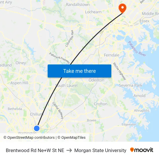 Brentwood Rd Ne+W St NE to Morgan State University map