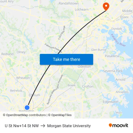 U St Nw+14 St NW to Morgan State University map