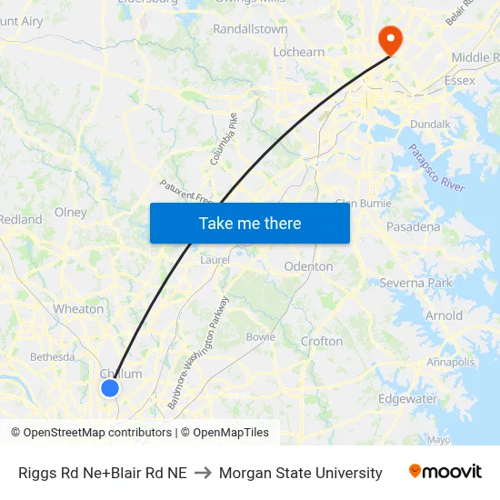 Riggs Rd Ne+Blair Rd NE to Morgan State University map