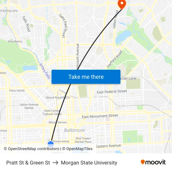 Pratt St & Green St to Morgan State University map