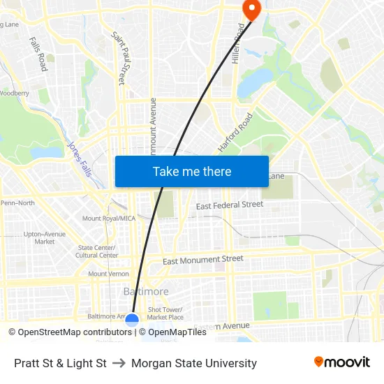 Pratt St & Light St to Morgan State University map